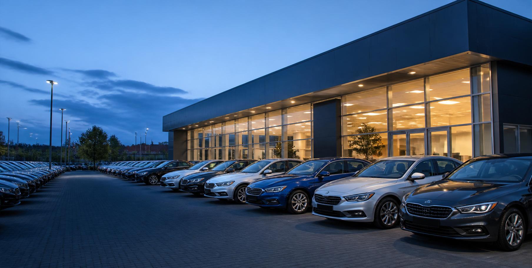 Beleuchtetes Autohaus am frühen Abend mit gepflegtem Fahrzeugbestand