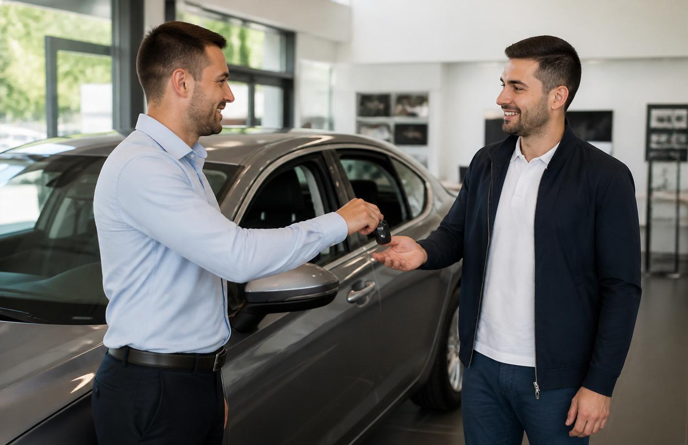 Autoverkäufer übergibt einem Kunden im Autohaus den Fahrzeugschlüssel