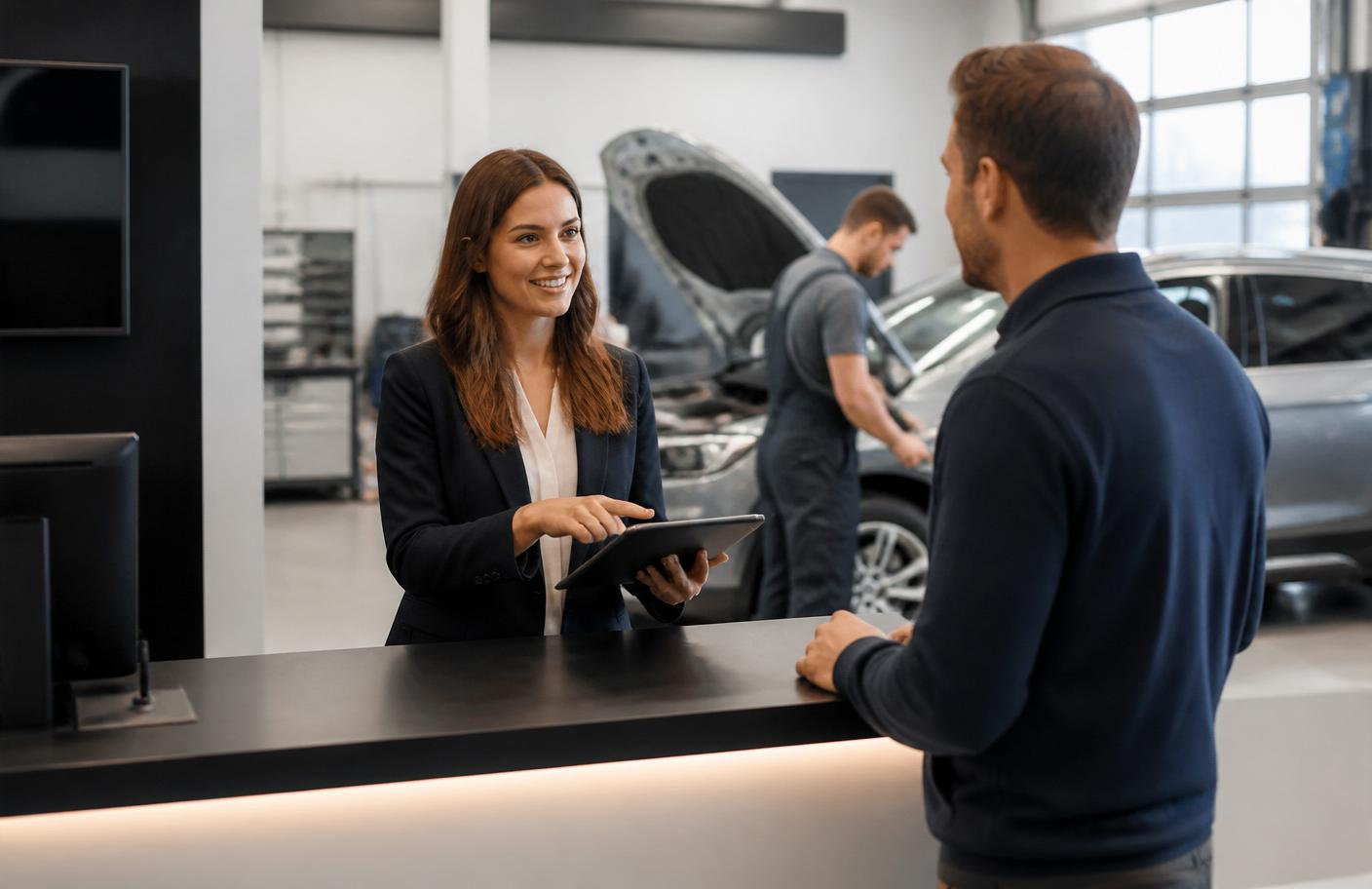 Serviceberaterin nimmt in der Autowerkstatt ein Kundenanliegen mit Tablet auf